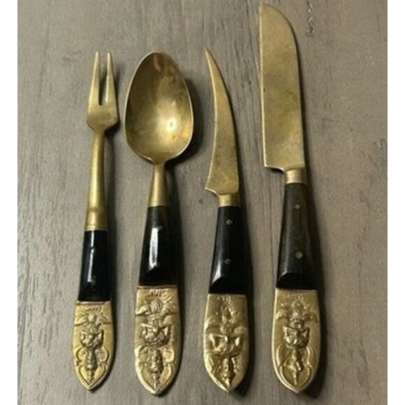 Vintage Siam Thailand Buddha Brass & Teak Wood 1950s MCM Mini Flatware Set - Picture 1 of 3
